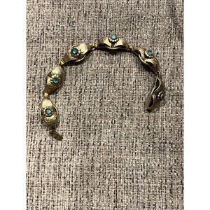 Antique Goldtone Bracelet With Turquoise Rhinestones & Ornate Etching